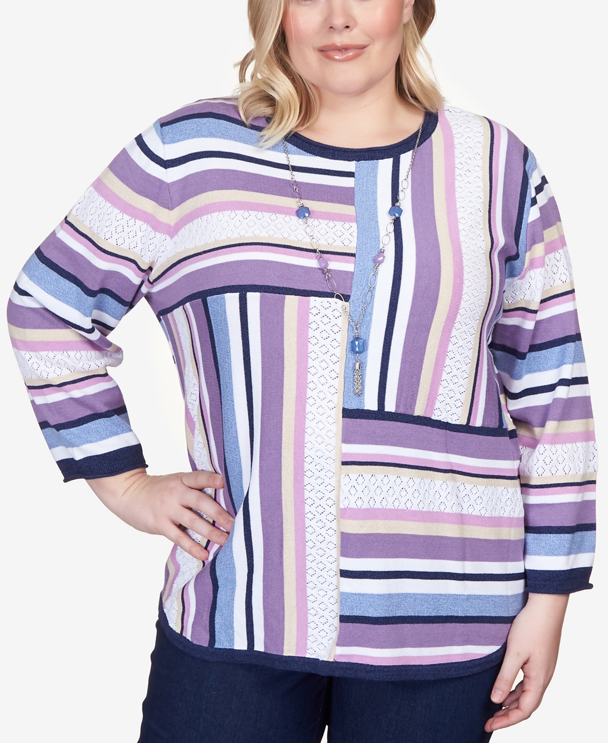 Alfred Dunner Plus Size Fields Blocked Stripe Shirttail Sweater With Necklace In Multi