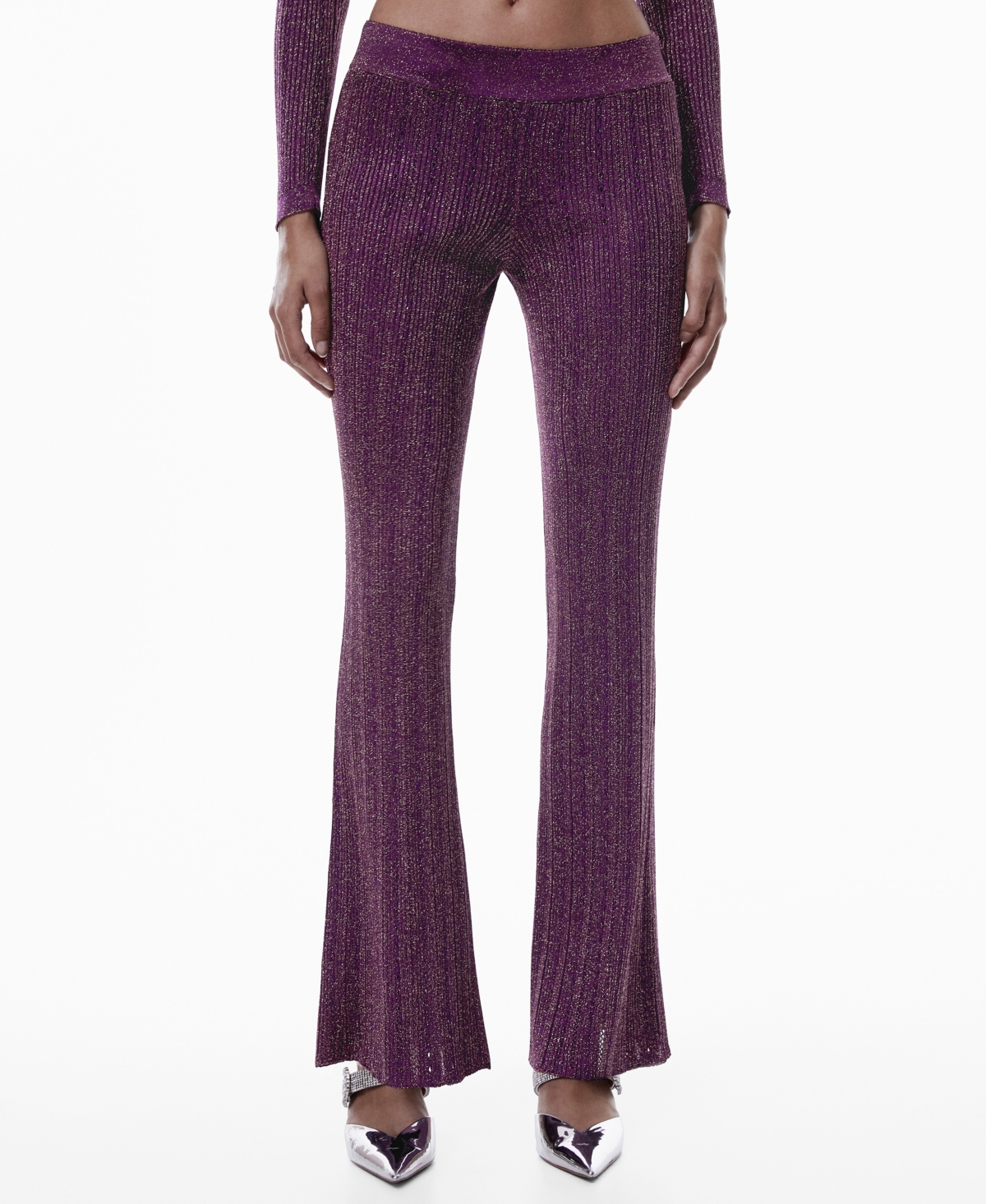 Mango Lurex Knit Flared Trousers Purple In Purple