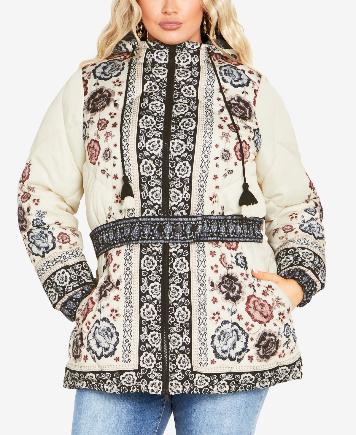 Avenue Plus Size Flora Long Sleeve Puffer Jacket In Vanilla Floral