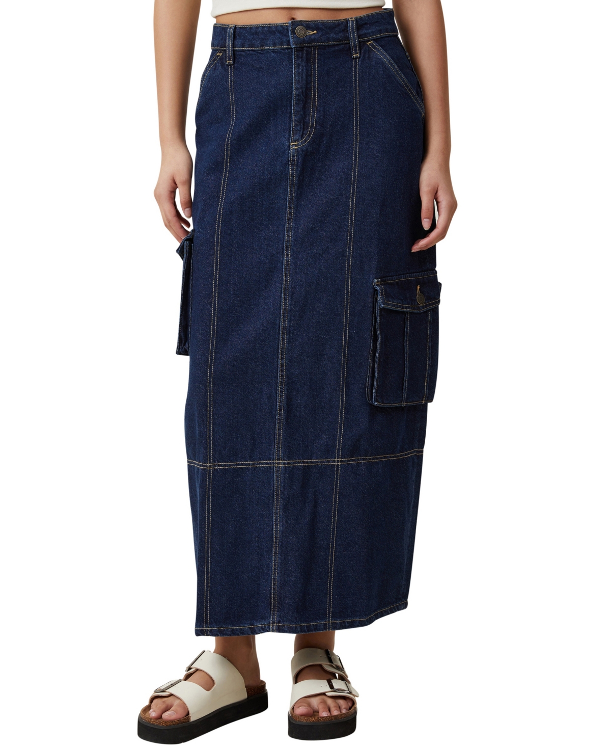 Women's Cargo Denim Maxi Skirt - Rinse Blue