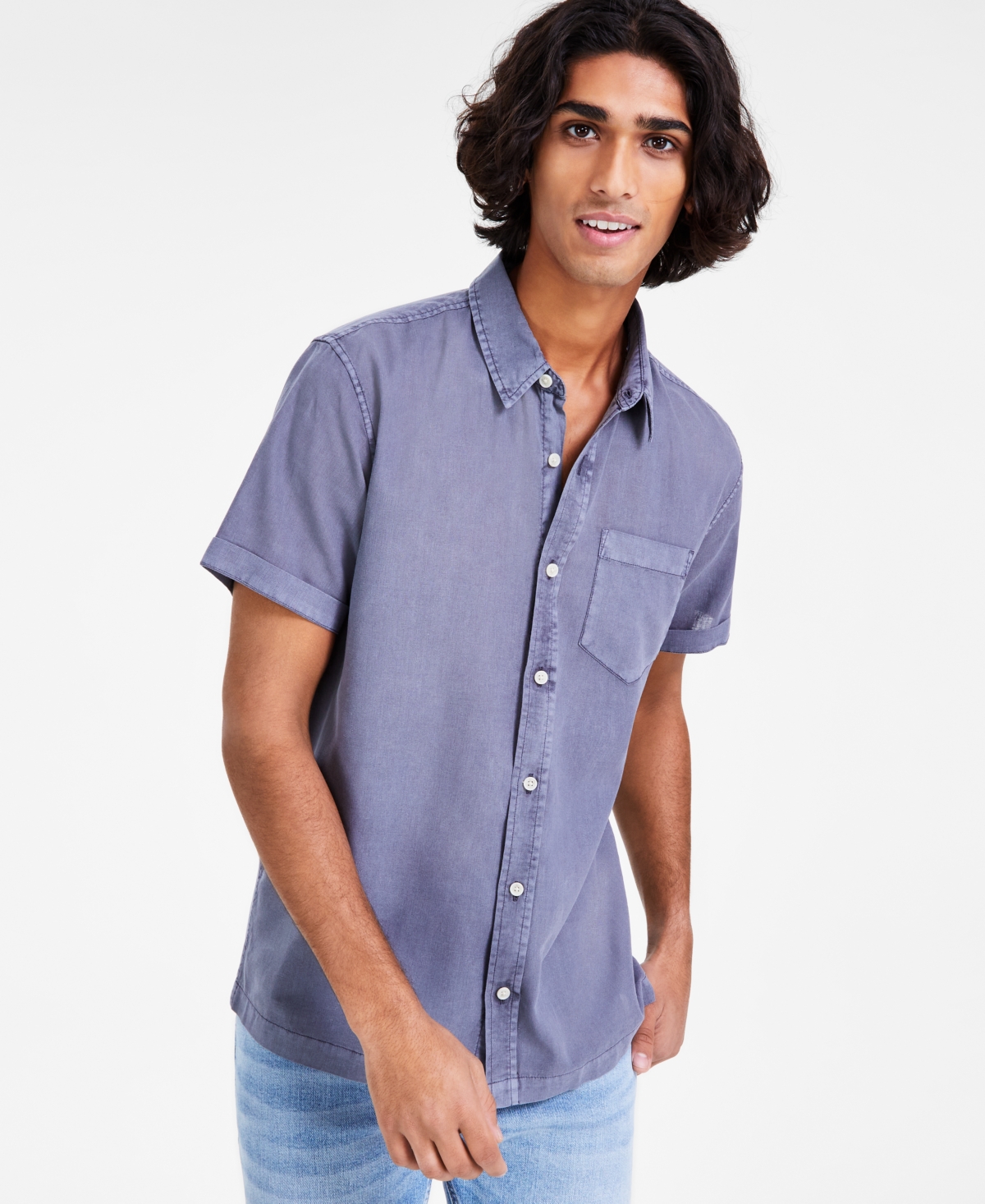 Sun + Stone Men's Blake Linen Chambray Short Sleeve Button-front Shirt, Created For Macy's In Fin