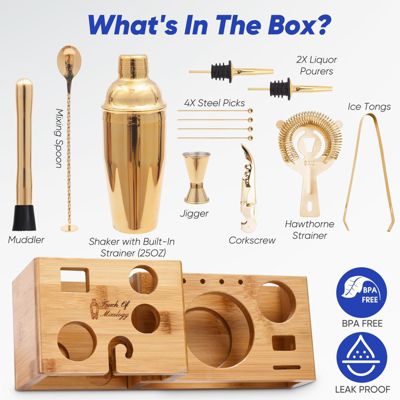 Premium 14 Piece Stainless Steel Bartender Kit with Bamboo Stand (Gold)