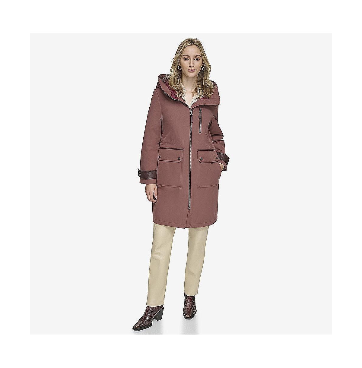 ANDREW MARC WOMEN'S GEMAS LIGHTWEIGHT PARKA COAT WITH MATTE SHELL AND FAUX LEATHER DETAILS