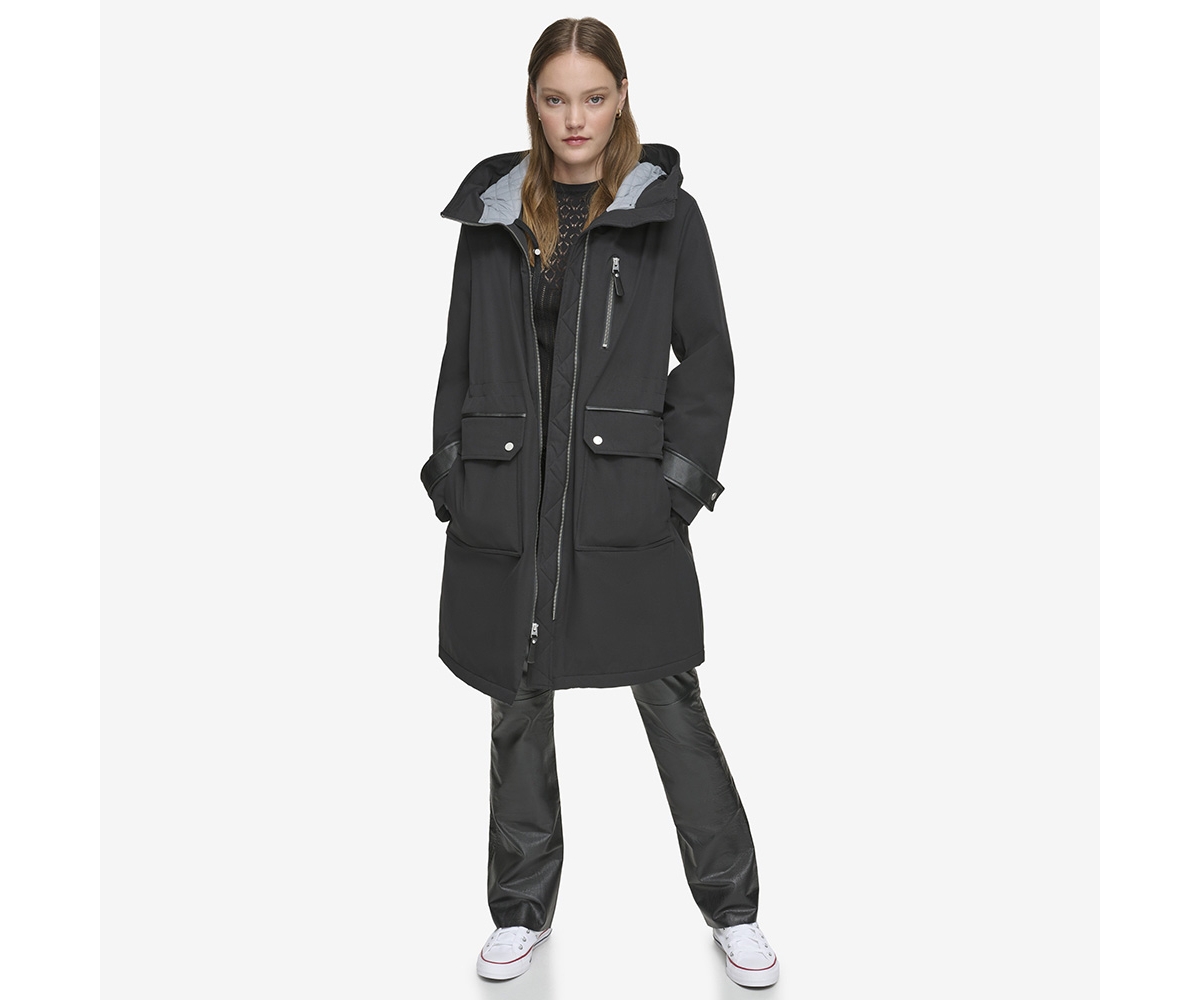 Women's Gemas Lightweight Parka Coat With Matte Shell and Faux Leather Details - Black