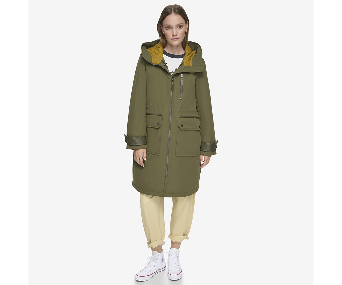 ANDREW MARC WOMEN'S GEMAS LIGHTWEIGHT PARKA COAT WITH MATTE SHELL AND FAUX LEATHER DETAILS