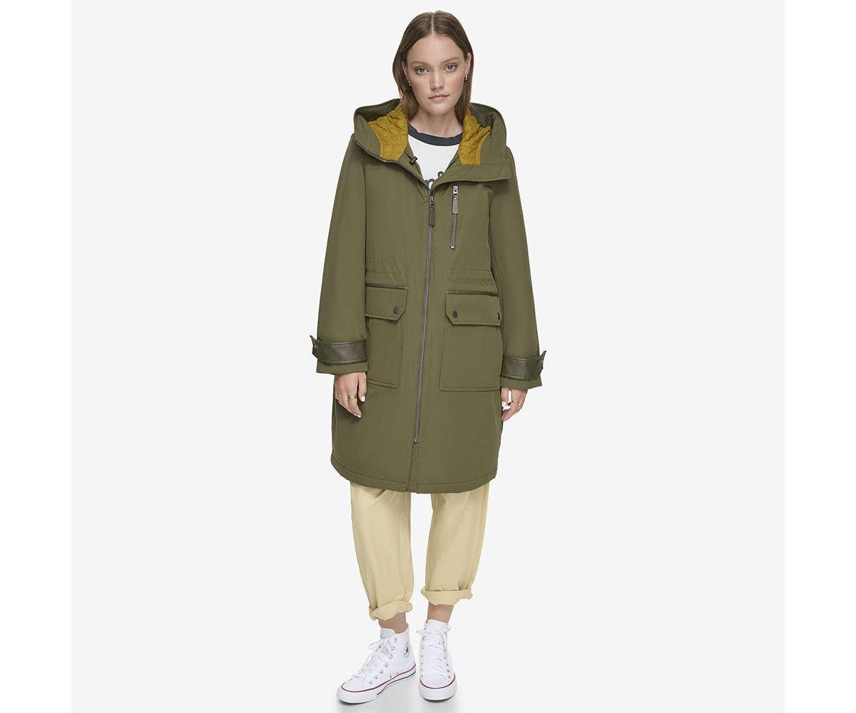 Andrew Marc Gemas Lightweight Parka Coat With Matte Shell And Faux Leather Details In Artichoke
