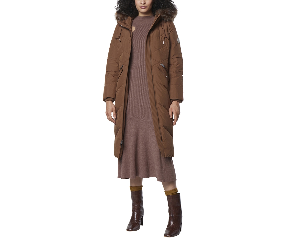 ANDREW MARC PHOEBE ZIP FRONT LONG DOWN WITH FAUX FUR TRIMMED WOMEN'S COATS