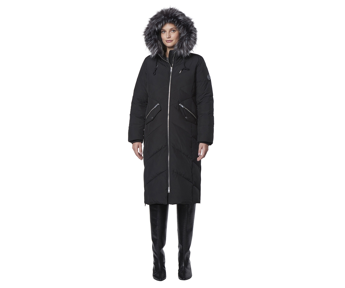 Phoebe Zip Front Long Down With Faux Fur Trimmed Women's Coats - Black