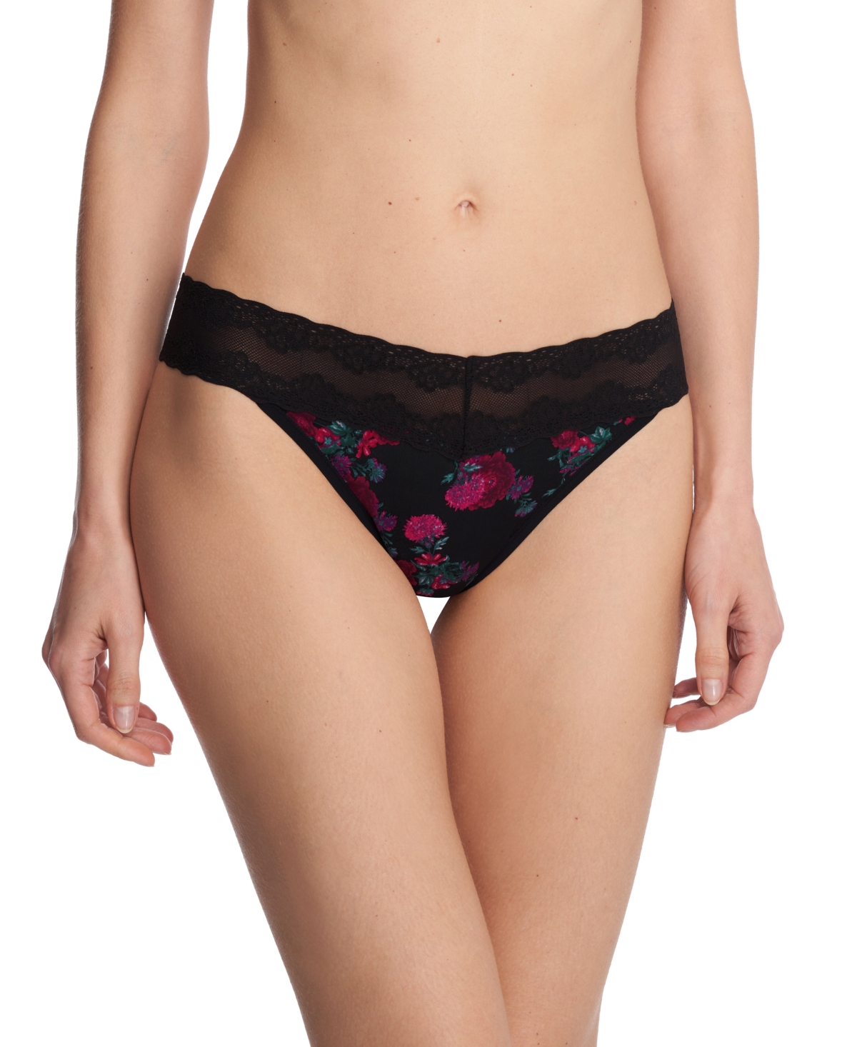 Shop Natori Bliss Perfection Lace-waist Thong Underwear 750092 In Black Charm Print