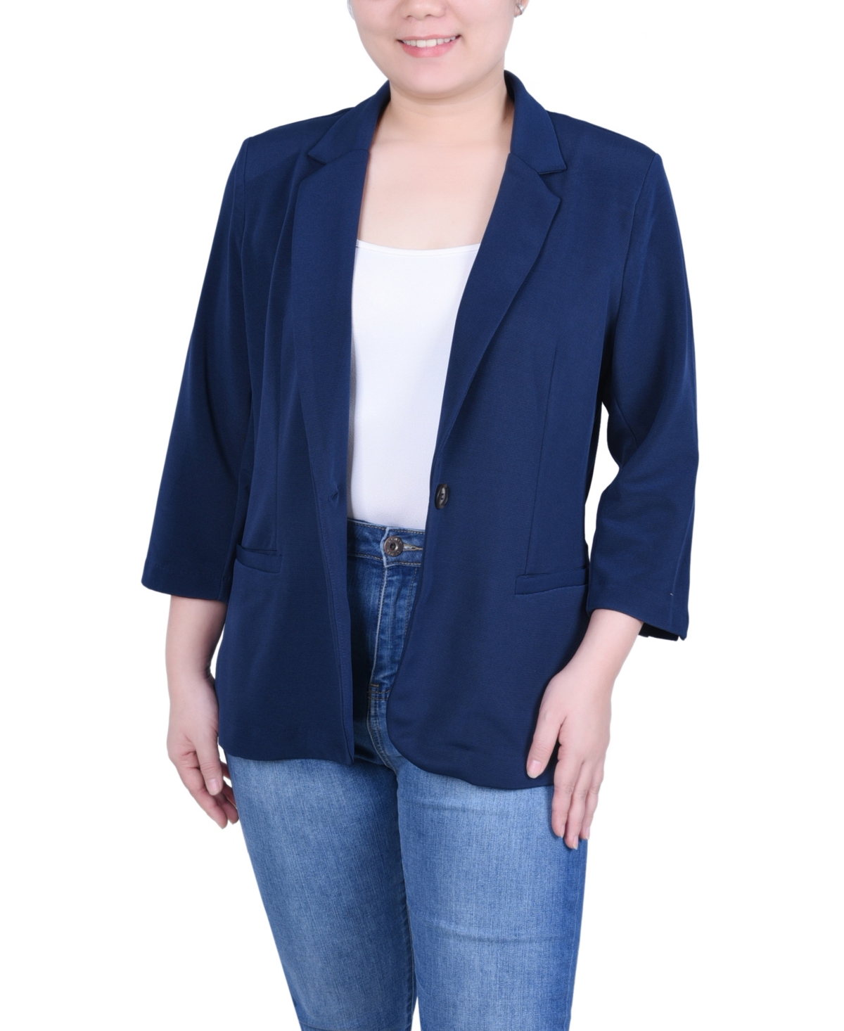 Petite 3/4 Sleeve Heavy Jacquard Knit Jacket - Navy