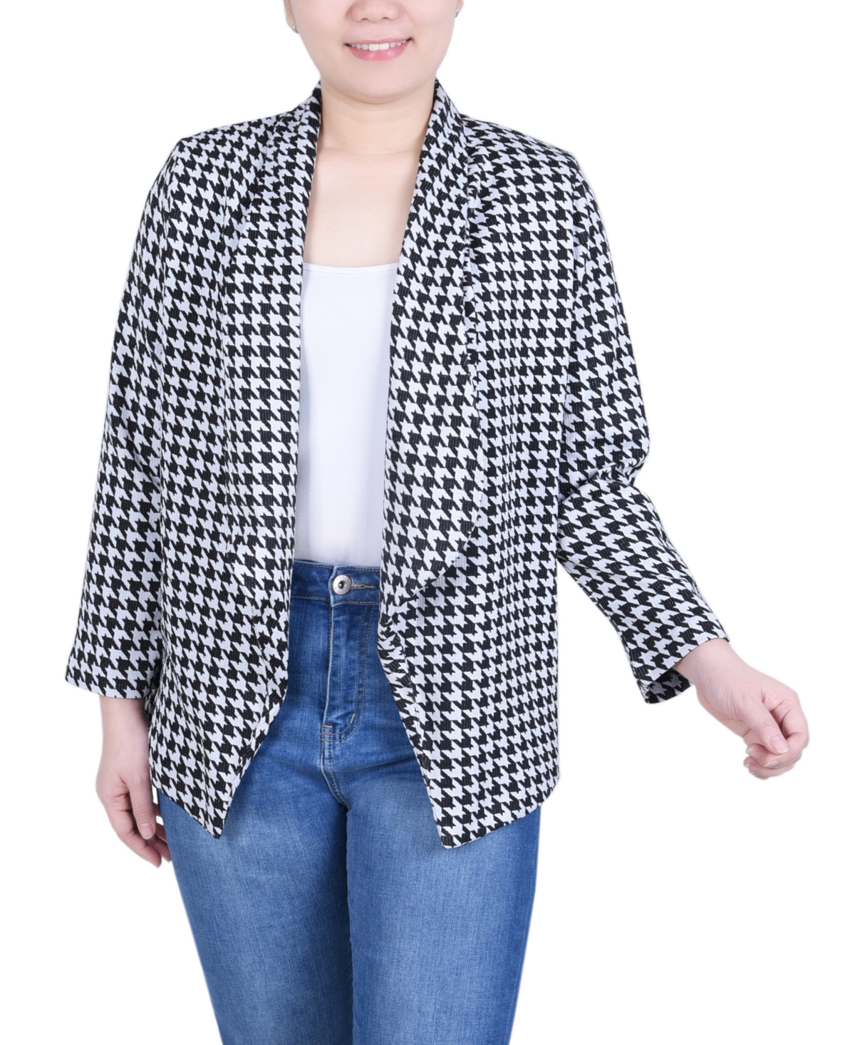 Petite Long Sleeve Ponte Jacket - Black White Houndstooth