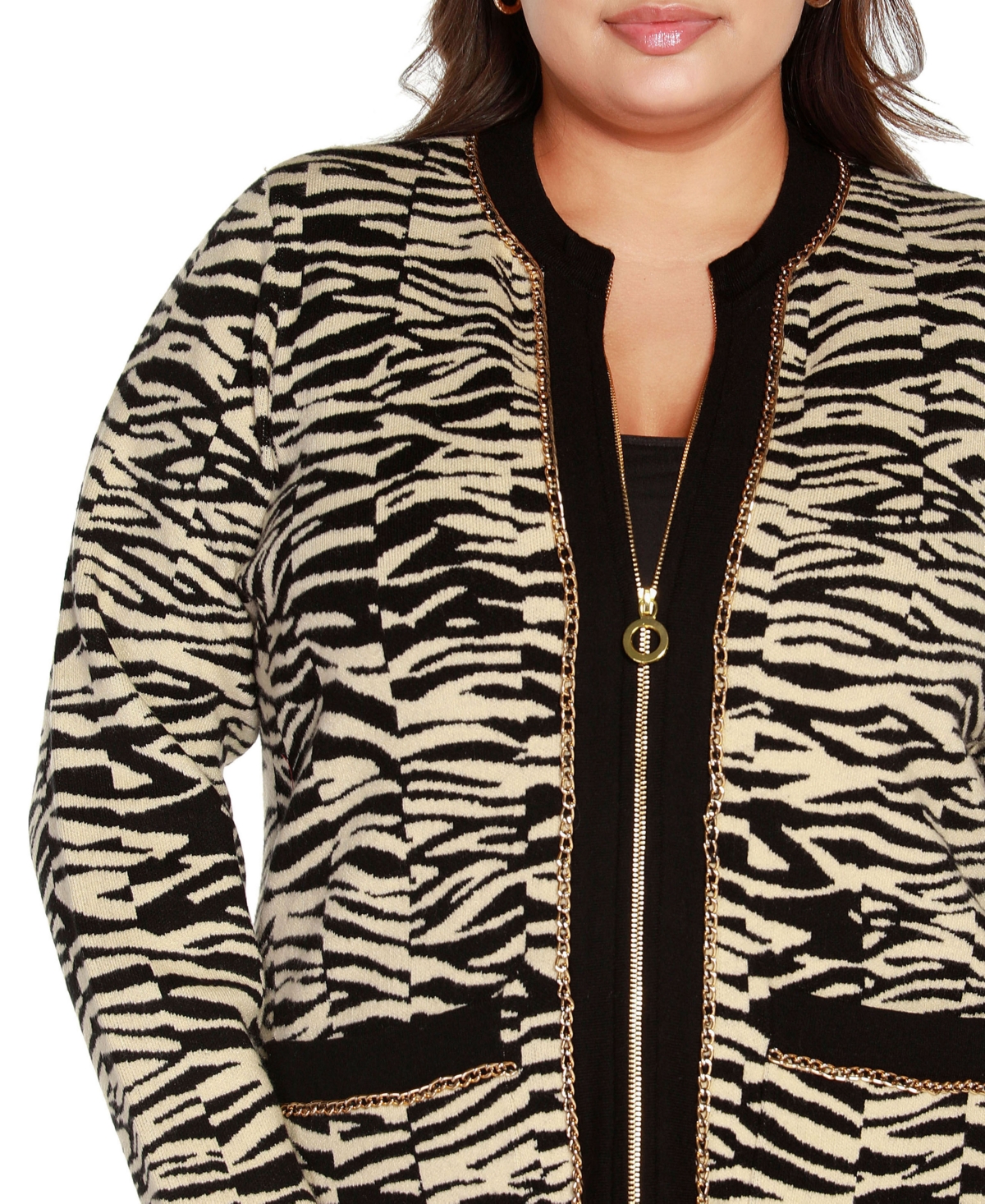 BelldiniLabel Plus Size Zebra Jacquard Sweater Jacket - Black, Cream, Gold