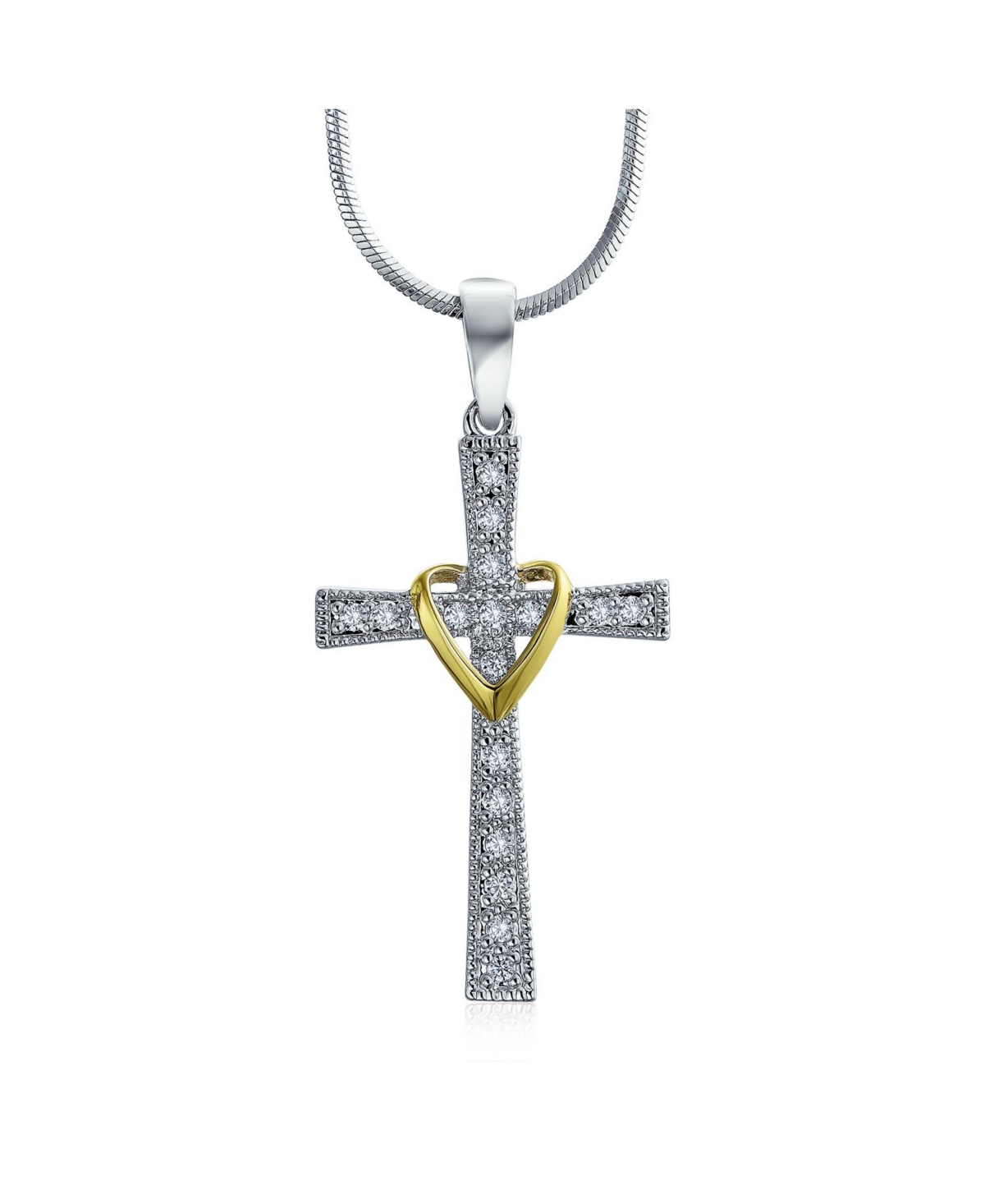 Cz Pave Accent Religious Love Of God Modern Fashion Heart & Infinity Cross Pendant Necklace For Women Teens Two Tone Rhodium Plated Brass - Silver
