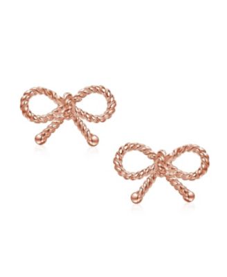 Simple Dainty Thin Twist Rope Cable Ribbon Bow Stud Earrings Rose Gold Plated .925 Sterling Silver