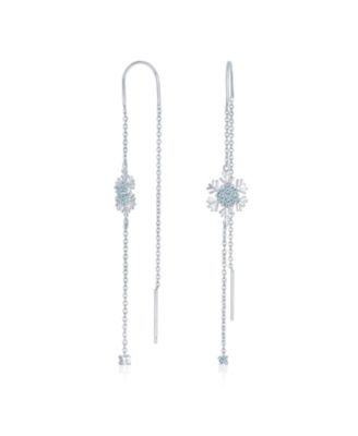 Thin Linear Clear Blue CZ Frozen Winter Holiday Party Snowflake Ear Threader Chain Dangle Earrings For Sterling Silver