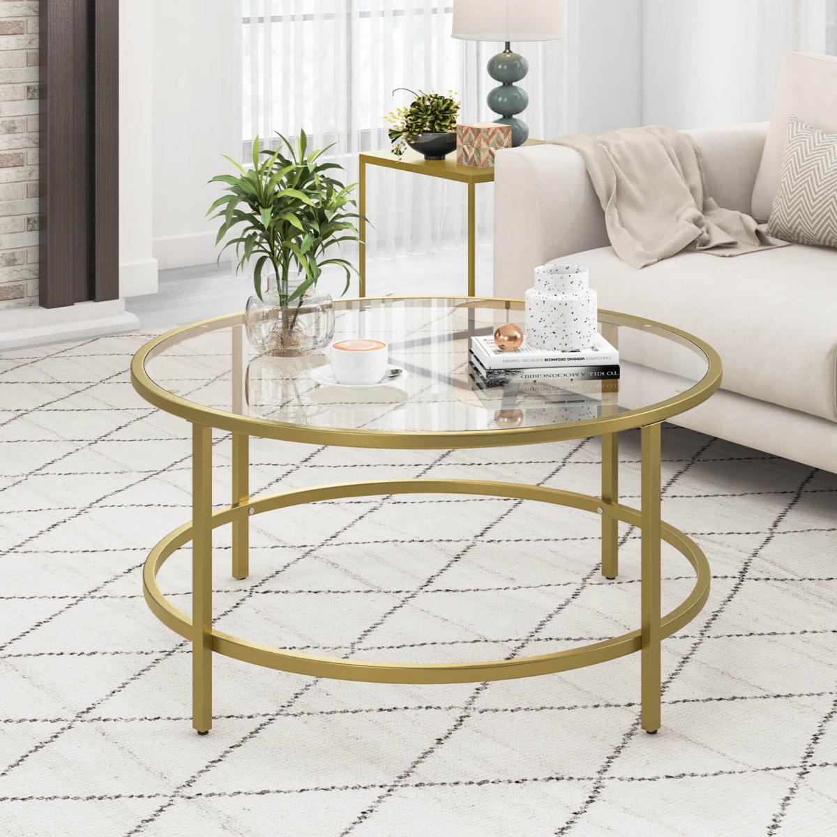 36'' Round Coffee Table Tempered Glass Tabletop Metal Frame Living Room