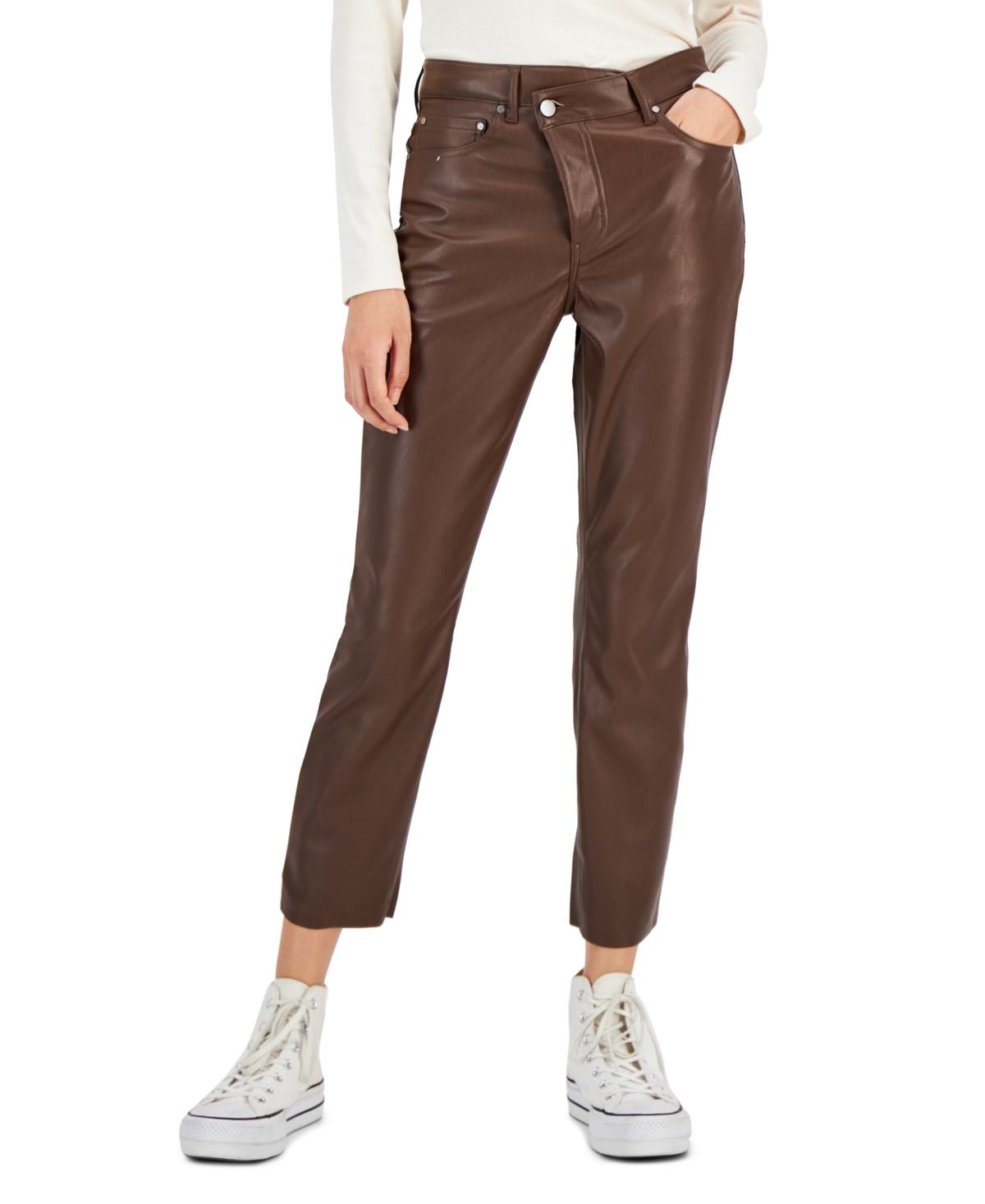 Tinseltown Juniors' Asymmetrical-waist Faux Leather Ankle Jeans In Brown Chic