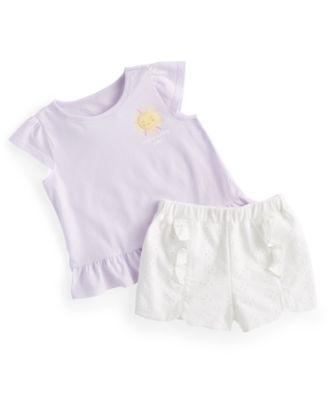 First Impressions Baby Girls Sunshine T Shirt Eyelet Ruffled Cotton Shorts Created For Macys In Lavender Flora