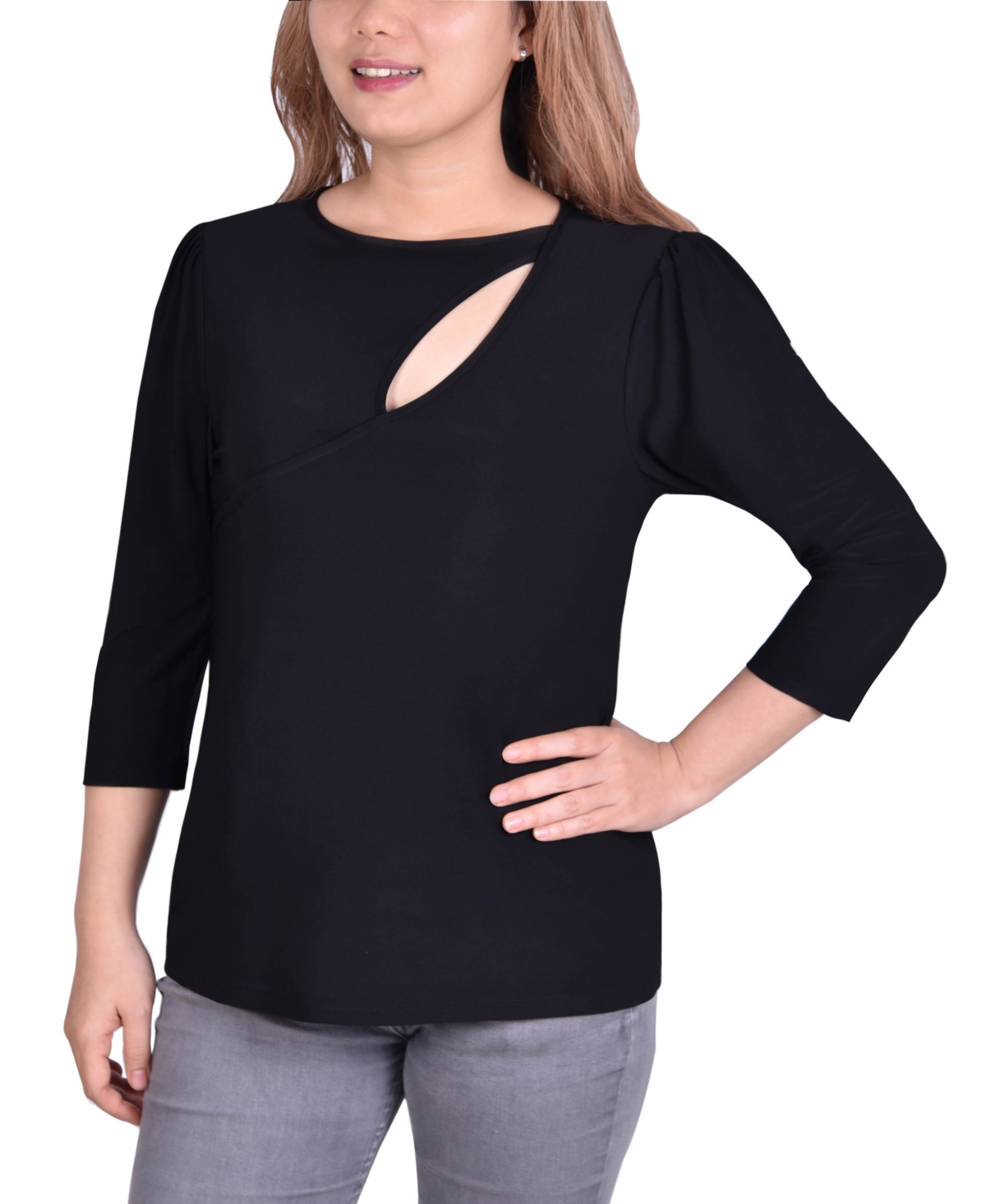 Ny Collection Petite Space Dyed Studded Top In Black