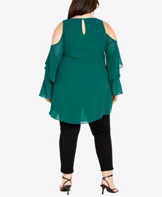Plus Size Hi Lo Cold Shoulder Long Sleeve Top