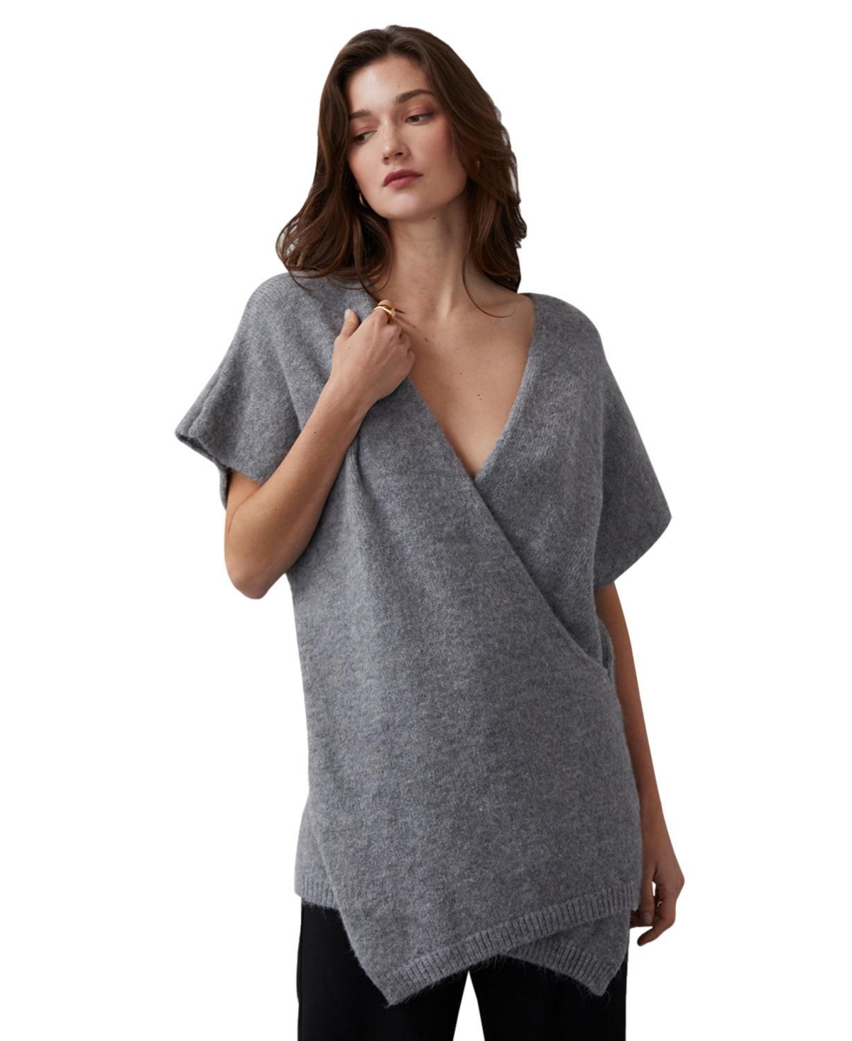 Women's Julie Cross Over Tunic Sweater - Grey + heather grey