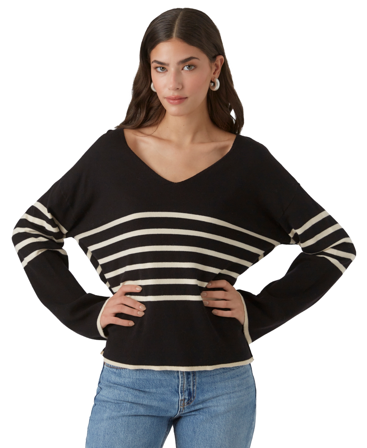 Vero Moda Women's V-neck Long-sleeve Striped Sweater In Black,birch Sweater