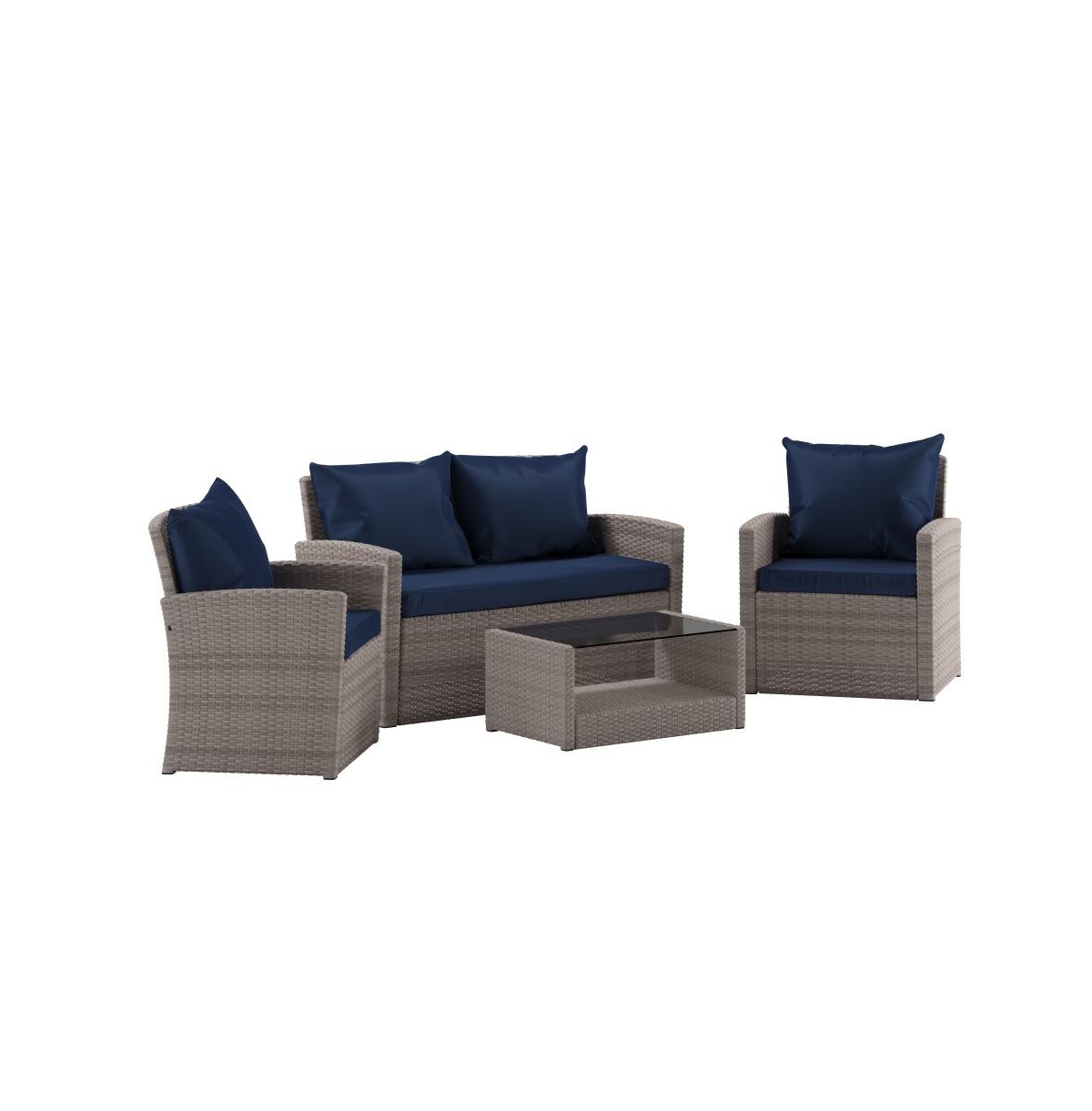 Atlas 4 Piece Patio Set Contemporary Loveseat, 2 Chair And Coffee Table Set With Back Pillows And Seat Cushions -navy