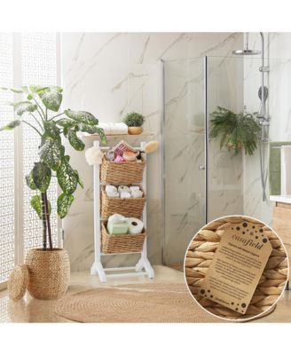 3-Tier Floor Stand with Hanging Storage Baskets, Walnut/Espresso - Wood Tower Rack for Bathroom, Kitchen, Laundry, Living Room