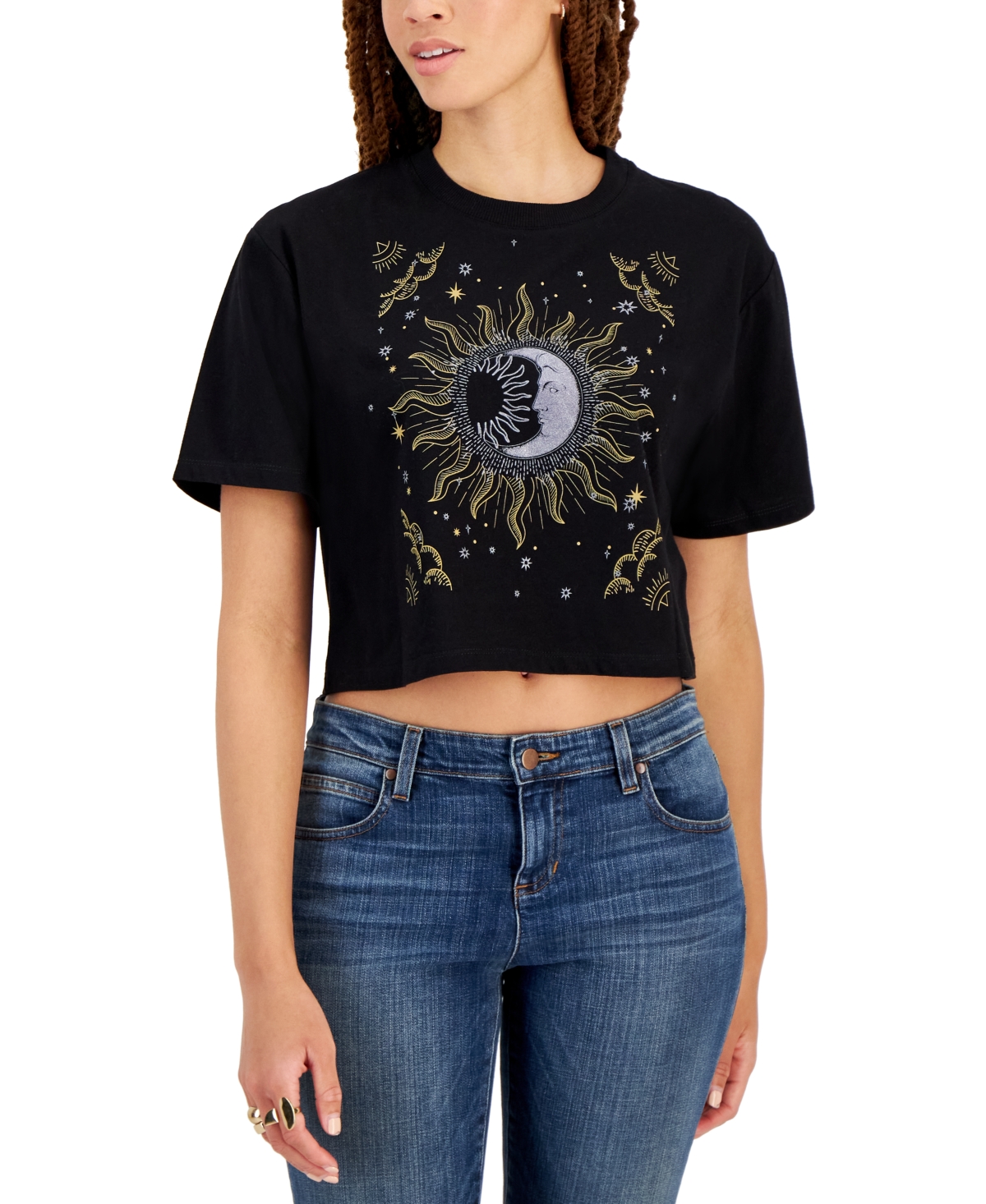 Self Esteem Juniors' Celestial Short-sleeve Cropped T-shirt In Black