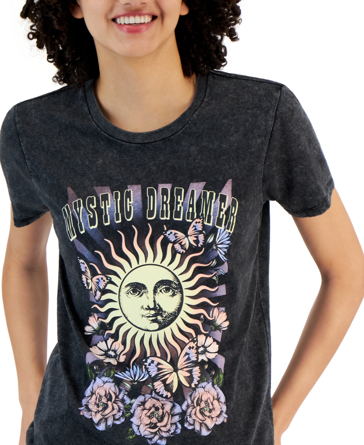 Shop Rebellious One Juniors' Short-sleeve Crewneck Sun Graphic T-shirt In Black Min Wash