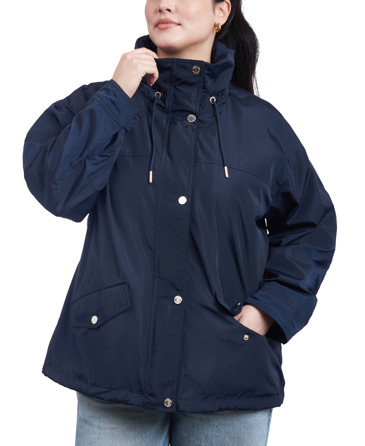 Shop Michael Kors Michael  Women's Plus Size Cinched-waist Bomber Raincoat In Midnight