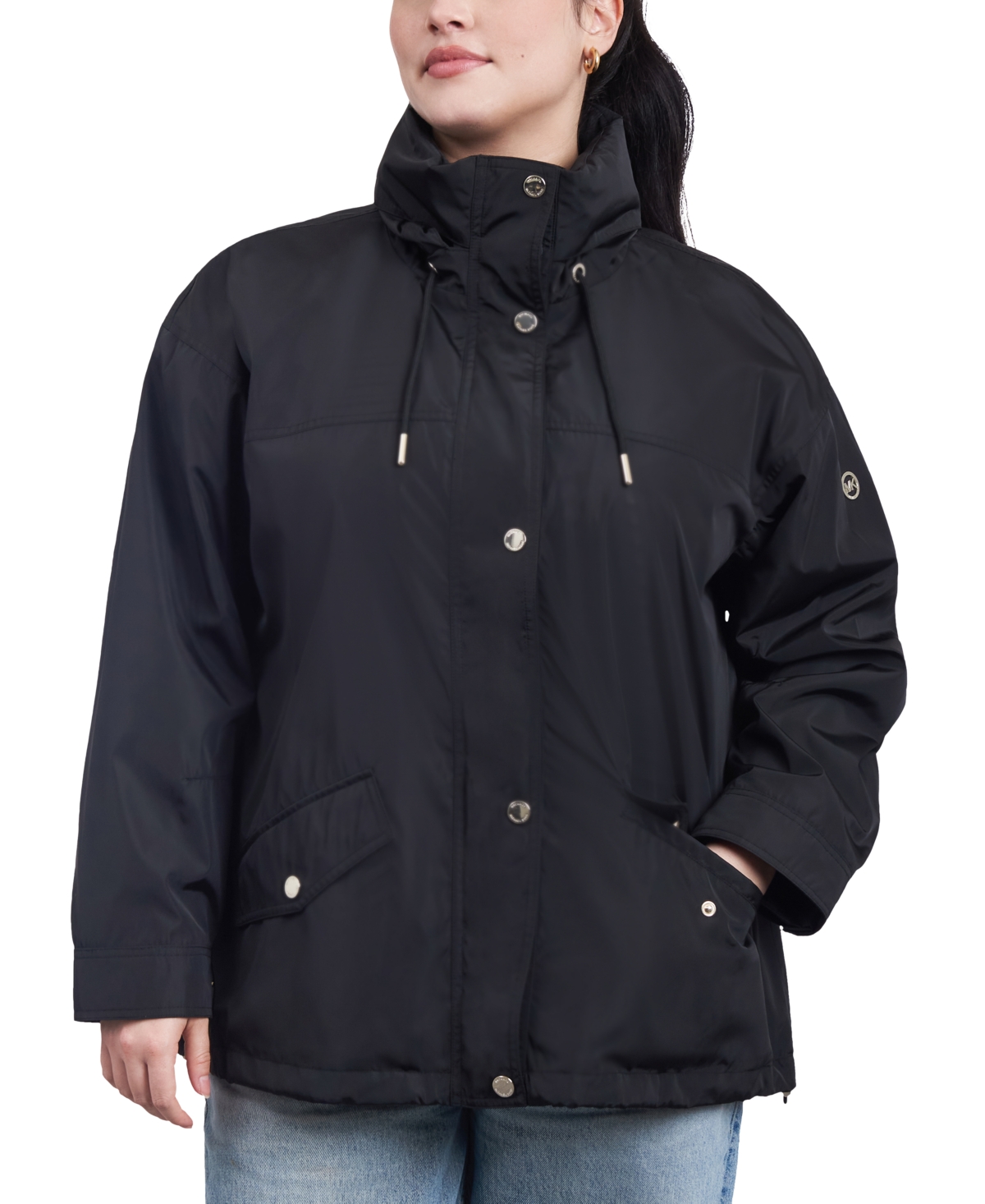 Shop Michael Kors Michael  Women's Plus Size Cinched-waist Bomber Raincoat In Black