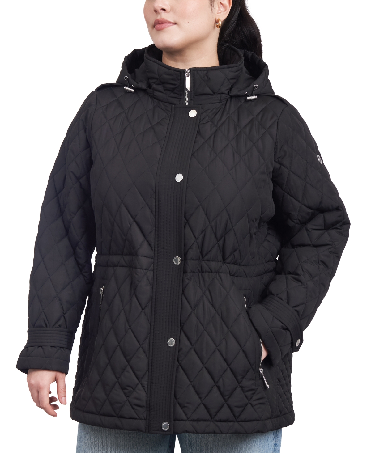 Michael Kors Michael  Women's Plus Size Quilted Hooded Anorak Coat In Black