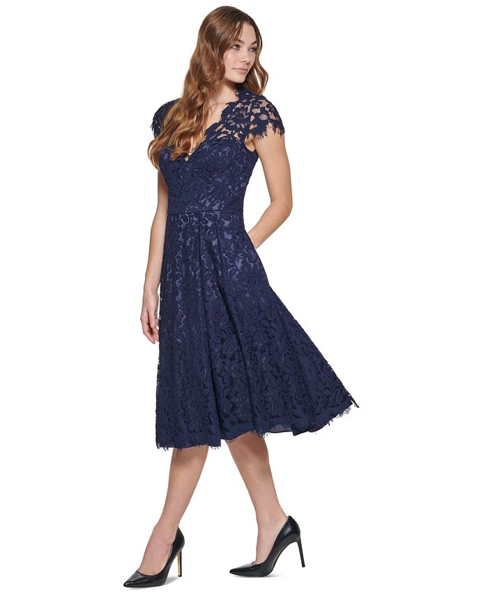 Eliza J Women's V-Neck Cap-Sleeve Midi Lace Dress - Macy's