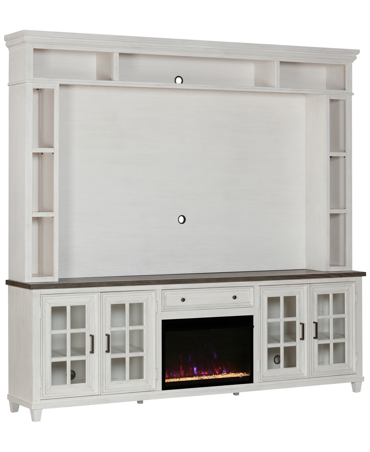 Macy's 96" Dawnwood 3pc Tv Console Set (96" Console, Hutch And Fireplace) In White