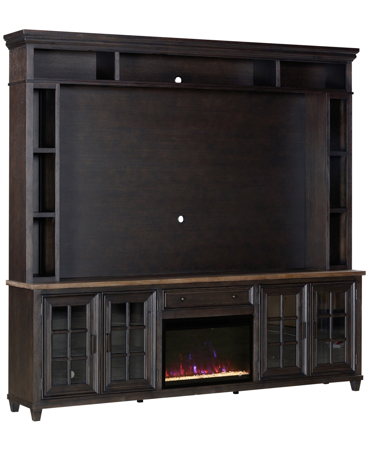 Macy's 96" Dawnwood 3pc Tv Console Set (96" Console, Hutch And Fireplace) In Espresso