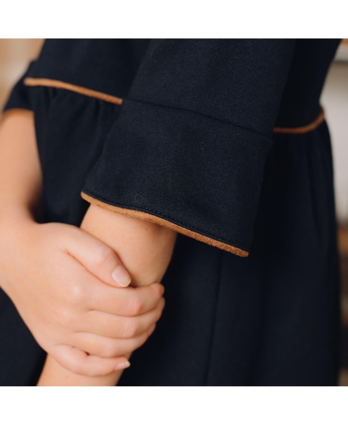 Hope & Henry Big Girls Ruffle Sleeve Ponte Dress with Suede Detail - Black with suede piping