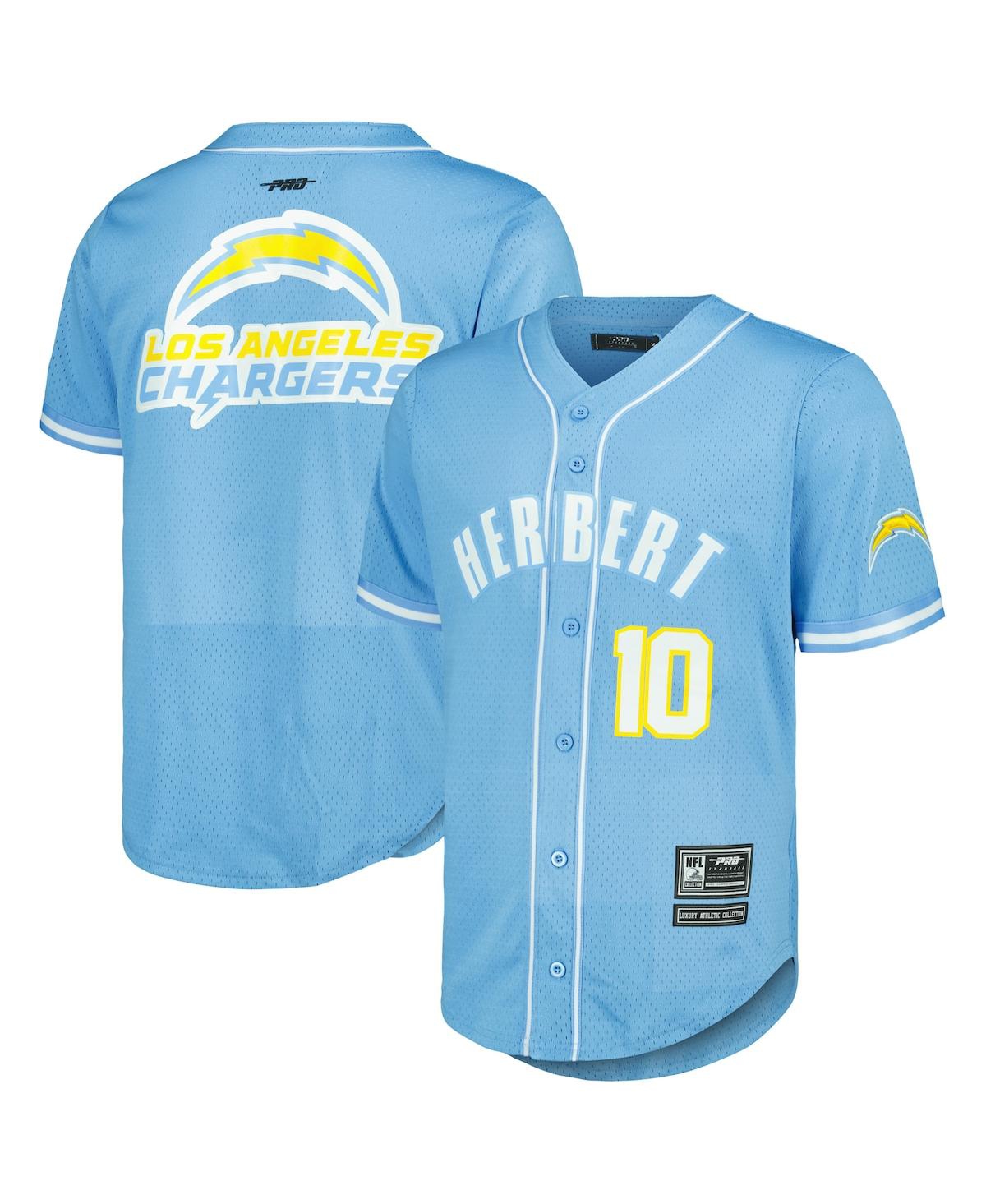 PRO STANDARD MEN'S PRO STANDARD JUSTIN HERBERT POWDER BLUE LOS ANGELES CHARGERS MESH BASEBALL BUTTON-UP T-SHIRT 
