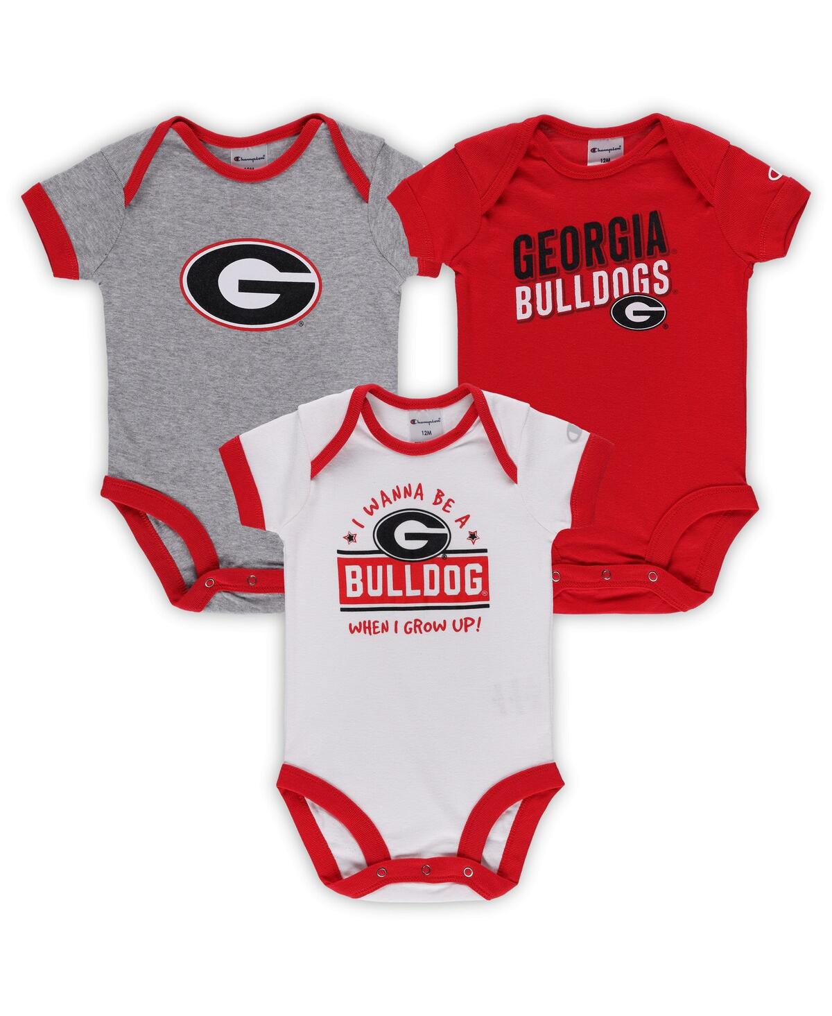 Champion Babies' Infant Boys And Girls  Red, Heather Gray Georgia Bulldogs I Wanna Be Three-pack Bodysuit Set In Red,heather Gray