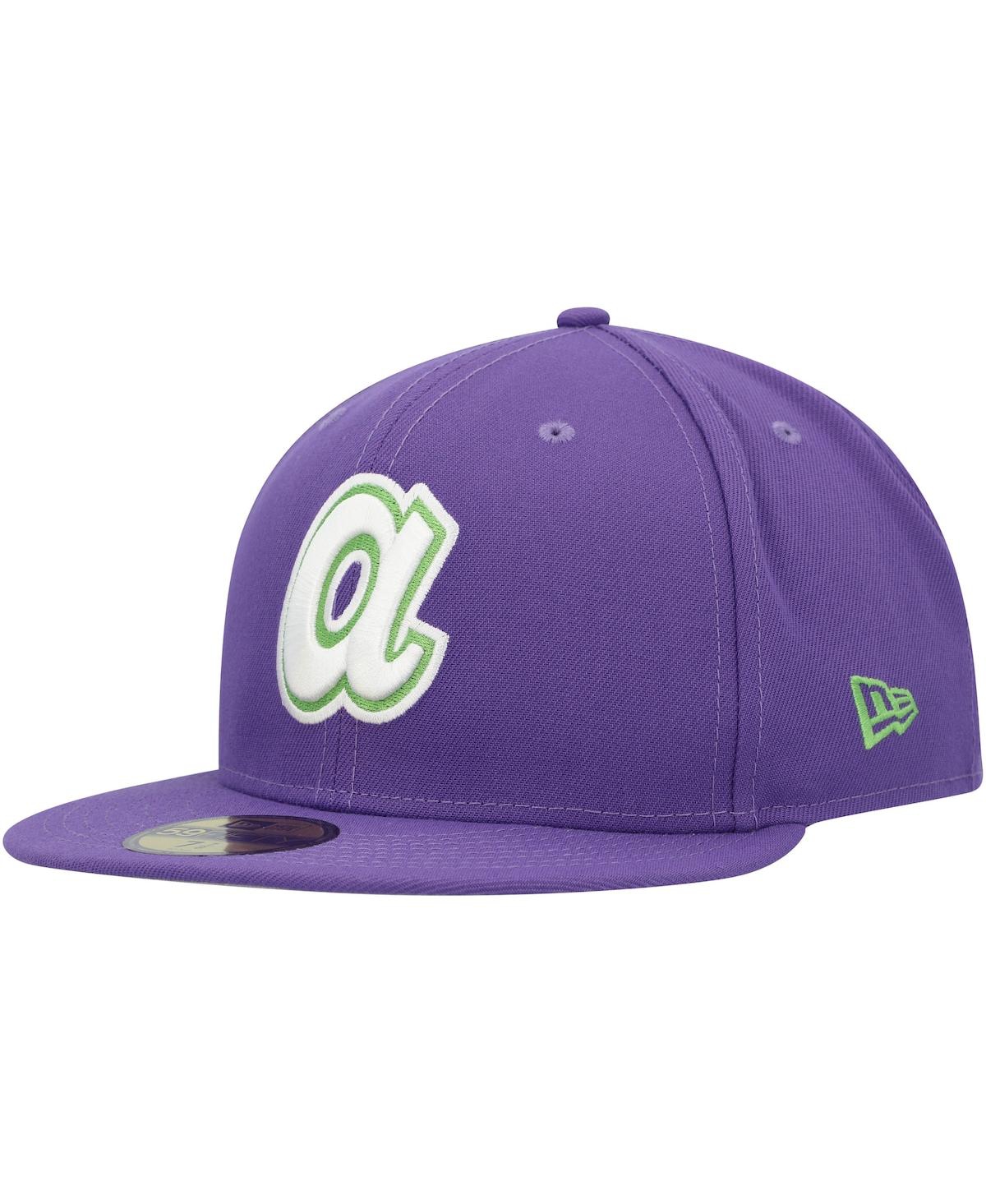 NEW ERA MEN'S NEW ERA PURPLE ATLANTA BRAVES LIME SIDE PATCH 59FIFTY FITTED HAT 