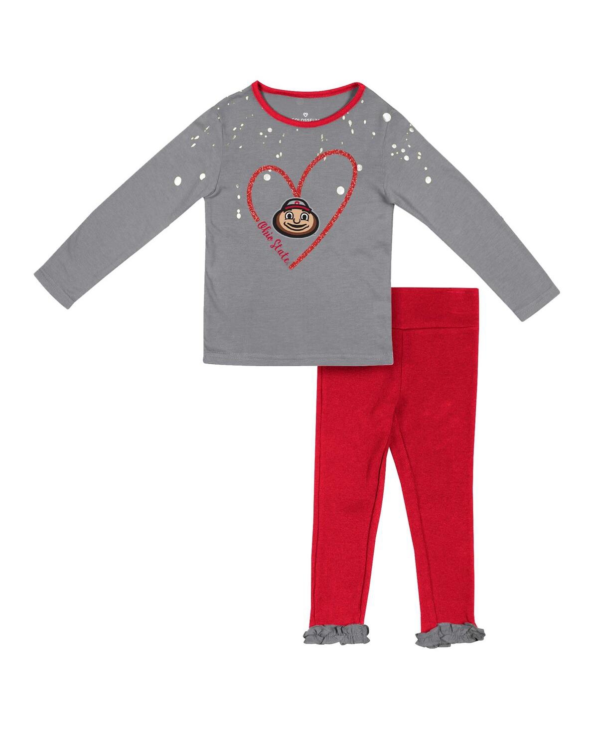 Colosseum Babies' Girls Toddler  Gray, Scarlet Ohio State Buckeyes Onstage Long Sleeve T-shirt And Leggings S In Gray,scarlet