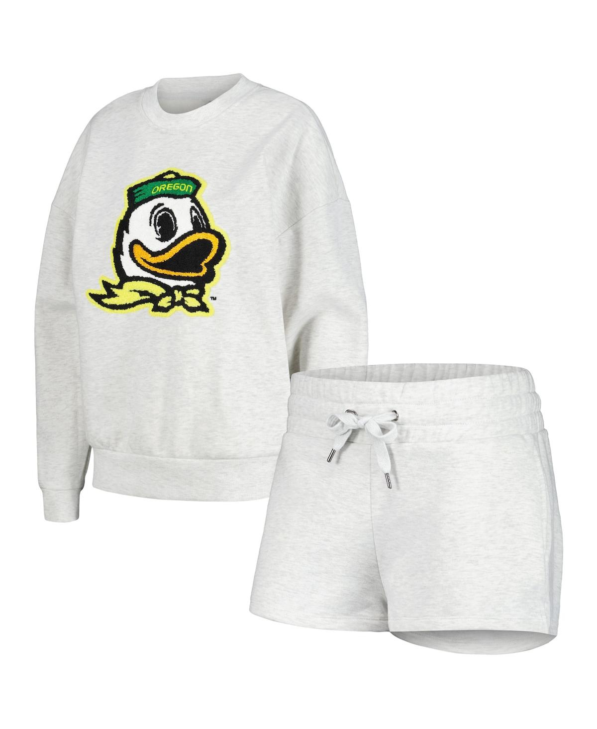 Shop Gameday Couture Women's  Ash Oregon Ducks Team Effort Pullover Sweatshirt And Shorts Sleep Set