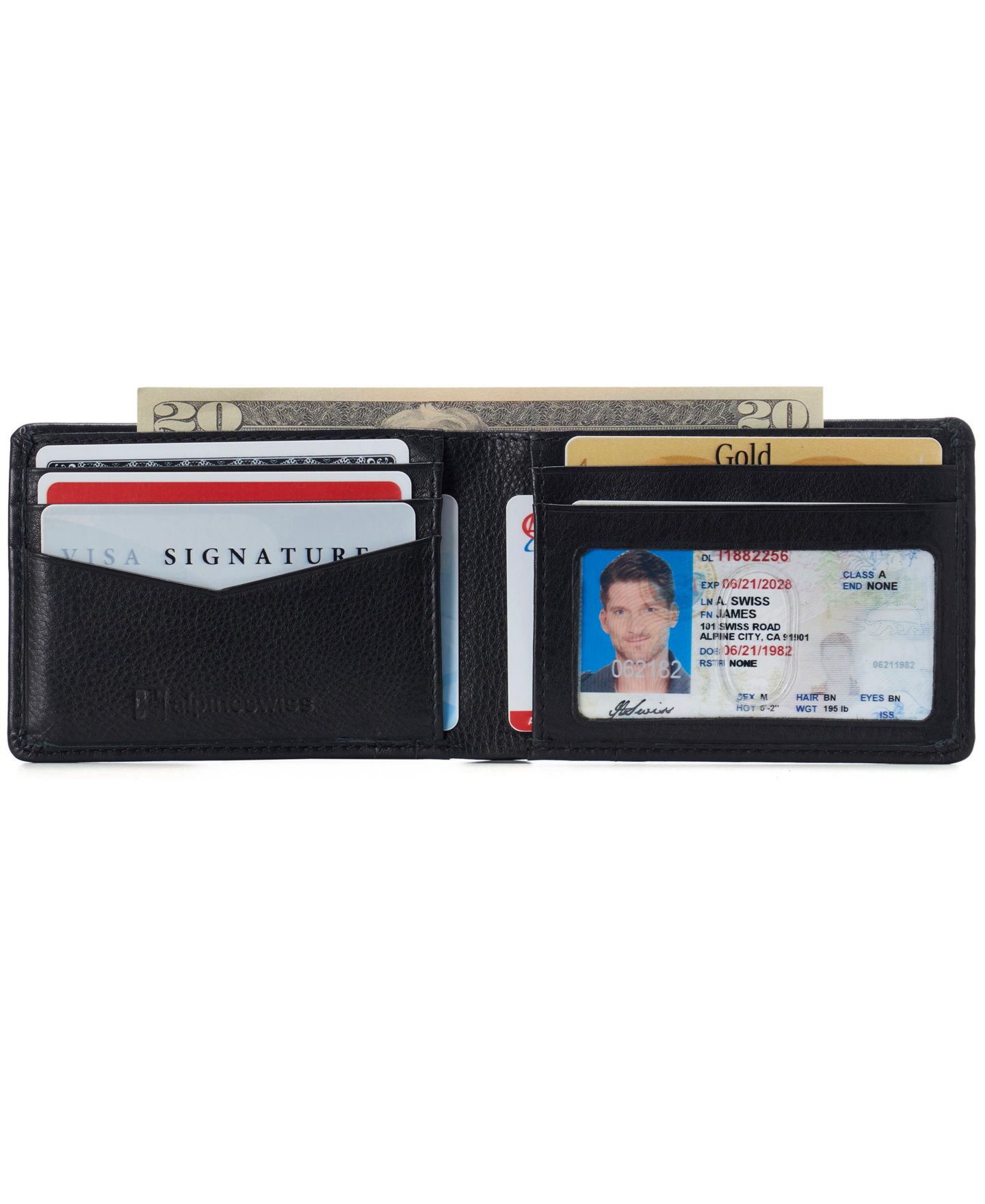 Мужской кошелёк Alpine Swiss Slimfold Wallet RFID Safe Bifold Genuine Leather ID Window, цвет: Чёрный — фото 3