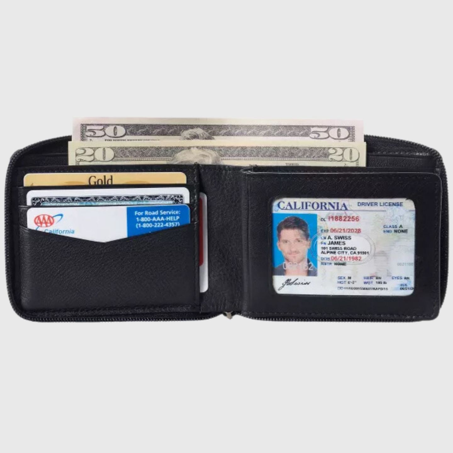 Мужской кошелёк Alpine Swiss Logan Zipper Bifold Wallet All-Around Zip Closure 13 Card Slots 2 Bill Sections RFID Protected Premium Leather Gift Box, цвет: Чёрный — фото 2