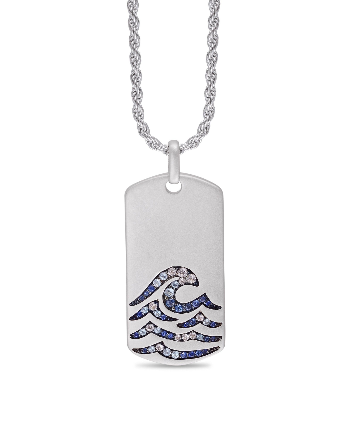 Sterling Silver Breaking Waves Design Blue Saphhire, White Topaz Gemstone Tag Chain - White