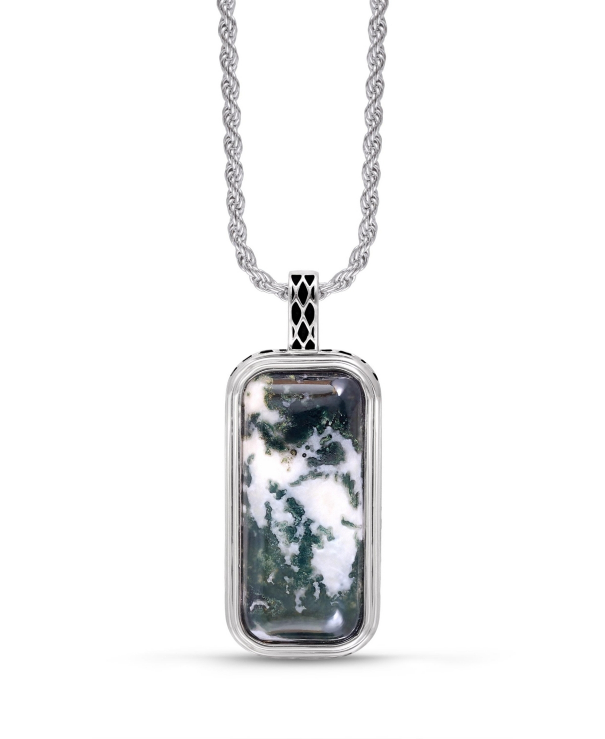 Tree Agate Gemstone Sterling Silver Men Tag in Black Rhodium Plated with Chain - White