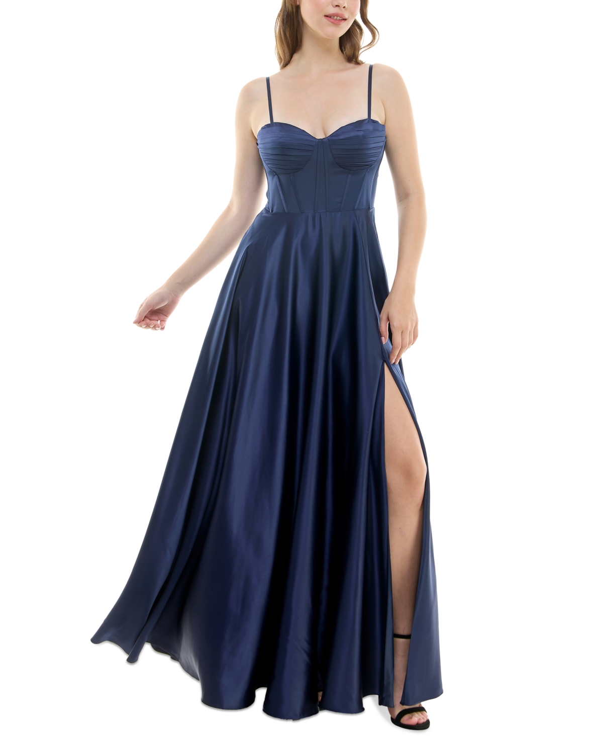 Juniors' Pleated-Bodice High-Slit Evening Gown - Navy