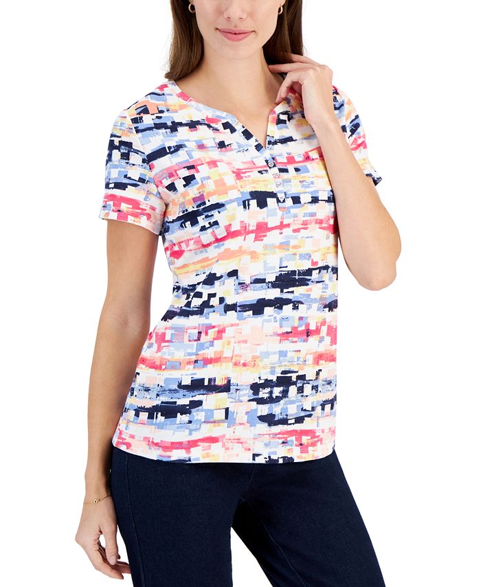 Karen Scott Women's Printed Short-Sleeve Henley Top, Created for Macy's ...