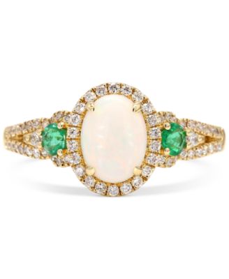 Macy's - Opal (1 ct. t.w.), Emerald (1/5 ct. t.w.) & Diamond (1/4 ct. t.w.) Oval Halo Ring in 10k Gold