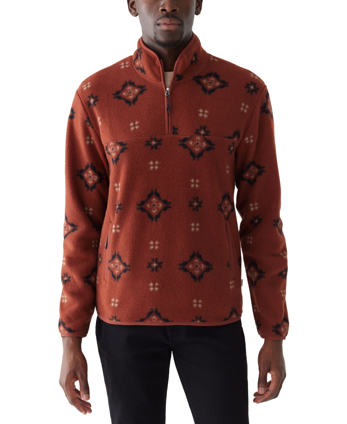 Men's Relaxed Fit Half-Zip Long Sleeve Geo Pattern Sweatshirt - Fired Brick